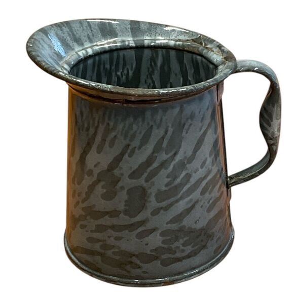 Vintage Small Measure Creamer Graniteware Mottled Gray Enamel Bolbous Handle - Picture 1 of 8